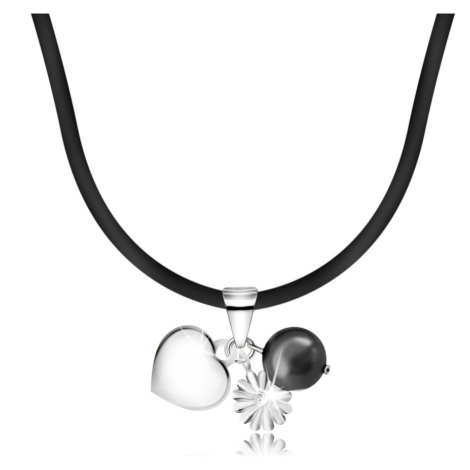 Náhrdelník - gumená šnúrka na krk s príveskami z 925 striebra, srdce, perla, kvet