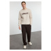 Trendyol Stone Oversize/Wide Cut Fleece Inside/Warm Text Embroidered Sweatshirt