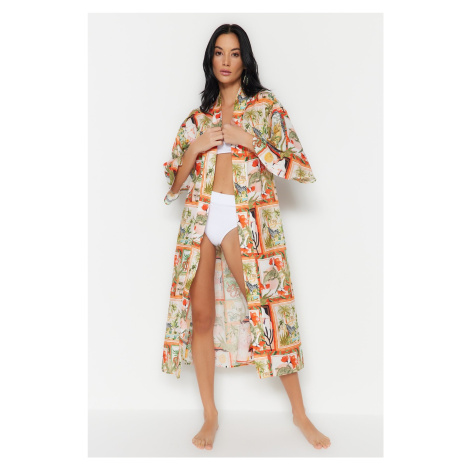 Trendyol tropický vzorovaný maxi-úpletový 100% bavlnený kimono a kaftan s opaskom