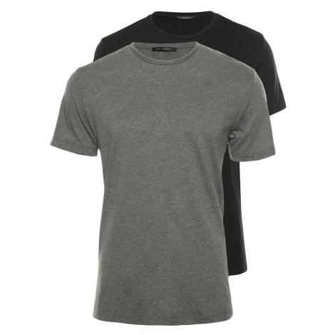 Trendyol antracitovo-čierne pánske basic 2-pack štíhle tričko s výstrihom pre posádku