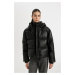 DEFACTO Waterproof Hooded Faux Leather Puffer Jacket