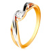 Zlatý prsteň 585 - dvojfarebné, rozdelené a zvlnené ramená, číry zirkón - Veľkosť: 53 mm