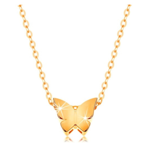 Zlatý 14K náhrdelník - lesklá retiazka, malý motýľ s hladkým povrchom