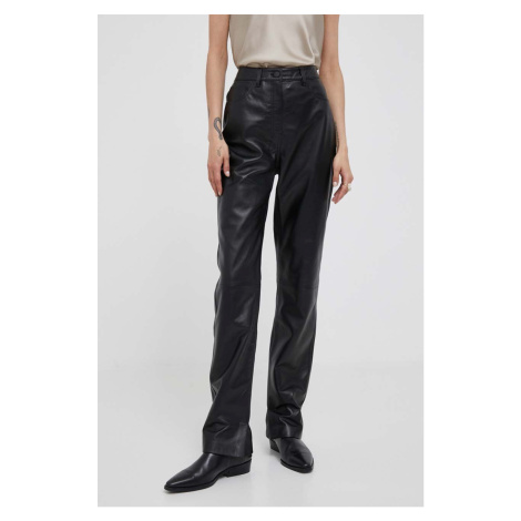 Kožené nohavice Calvin Klein dámske, čierna farba, rovné, vysoký pás
