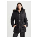 DEFACTO Water Repellent Puffer Puffer Jacket Windproof Hooded Faux Für Lined Quilted Belted Ligh