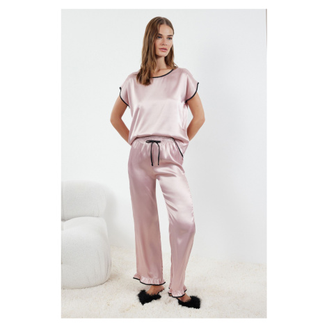 Trendyol Pink Ruffle, Tie and Piping Detailed Satin Woven Pajama Set