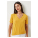 Happiness İstanbul Women's Yellow V-Neck Basic Viscose Knitted T-Shirt