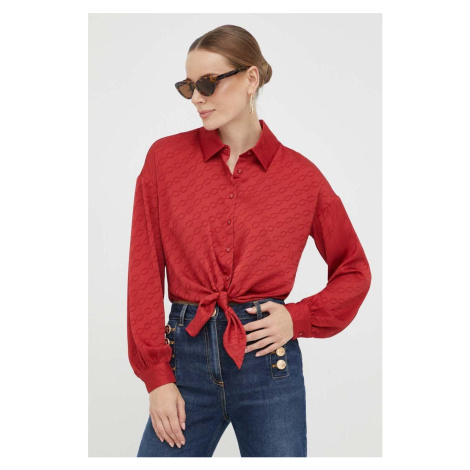 Košeľa Guess dámska, červená farba, voľný strih, s klasickým golierom