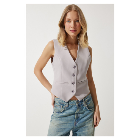 Happiness İstanbul Women's Gray Body-Fitting Short Woven Vest