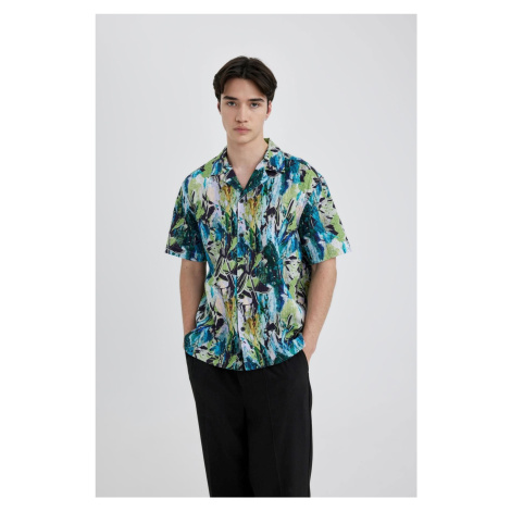 DEFACTO Oversize Wide Cut Open Collar Patterned Cotton Short Sleeve Shirt