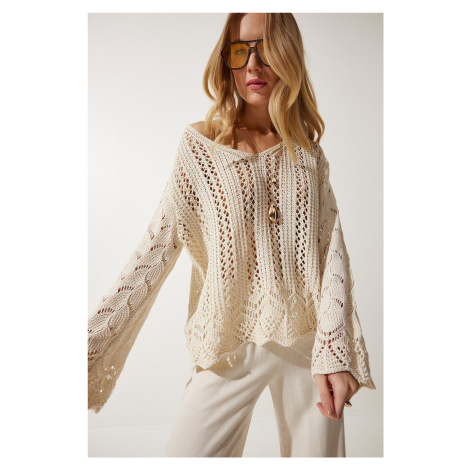 Happiness İstanbul Women's Cream Openwork Seasonal Knitwear Sweater