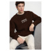 Trendyol Dark Brown Oversize/Wide Cut Embroidered Fleece Sweatshirt