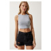 Happiness İstanbul Women's Gray Barbell Neck Crop Knitted Blouse