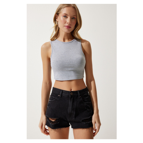 Happiness İstanbul Women's Gray Barbell Neck Crop Knitted Blouse