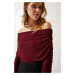 Happiness İstanbul Women's Burgundy Off-Shoulder Gathered Detailed Blouse