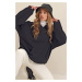 Trend Alaçatı Stili Women's Black Hoodie with Kangaroo Pocket 3-Thread Thick Sweatshirt