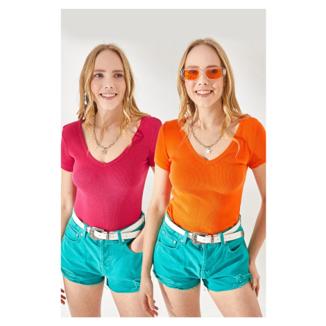 Olalook Women's Fuchsia-Orange V-Neck Short Sleeve 2-Pack Suit Blouse