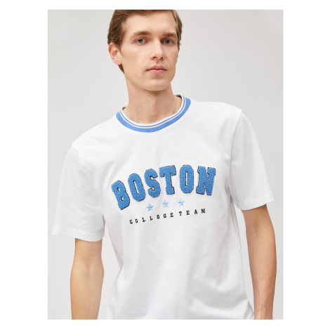 Koton College T-shirt. Crew Neck Trims Embroidered Appliques Detailed Short Sleeves.