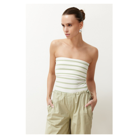 Trendyol Green Striped Strapless Ribbed Stretchy Knitted Blouse