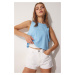 Happiness İstanbul Women's Sky Blue Cotton Halter Neck Crop T-Shirt