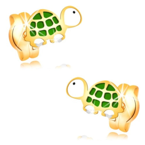 Náušnice v žltom zlate 14K - malá zeleno-biela korytnačka s čiernym očkom