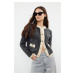 Trendyol Anthracite Boucle Yarn Color Block Jacket-Look Knitwear Cardigan