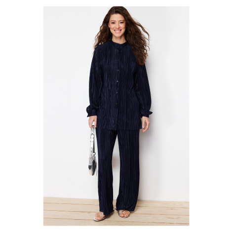 Trendyol Navy Blue Pleated Knitted Top and Bottom Set