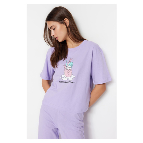 Trendyol Lilac Cotton Fun Printed T-shirt-Pants Knitted Pajama Set