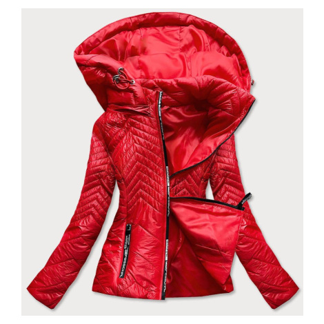 Krátka červená dámska prešívaná bunda s kapucňou (B9566)