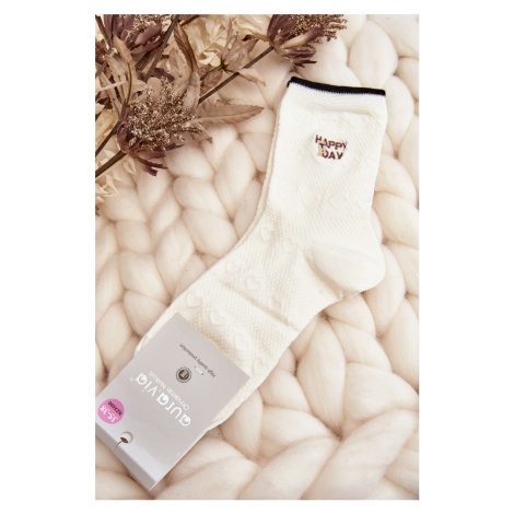 White women's patterned socks with an inscription and a teddy bear