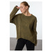 Trendyol Khaki Washed/Faded Effect Sewing Detailed Asymmetrical Crew Neck Knitted T-Shirt