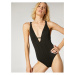 Koton V-Neck Swimsuit with Embroidered Cross-Strap Detail.