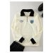 Trendyol Ecru Stand Collar Color Blocked Patch Fleece Sweatshirt