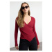 Trendyol Claret Red Fitted Double Breasted Neck Long Sleeve Ribbed Stretchy Knitted Blouse