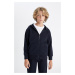 DEFACTO Boy Basic Plain Navy Blue Hooded Zippered School Cardigan