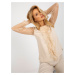 Beige formal blouse with appliqué and mesh sleeves
