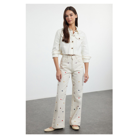 Trendyol Ecru Embroidered High Waist Wide Leg Trousers