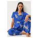 Happiness İstanbul Women's Dark Blue Patterned Shirt and Pants Knitted Pajama Set