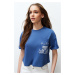 Trendyol Indigo 100% Cotton Crop Knitted T-Shirt with Pocket Embroidery Detail