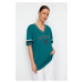 Trendyol Green 100% Cotton Knitwear Strip Detailed Slogan Printed Oversize/Wide Knitted T-Shirt
