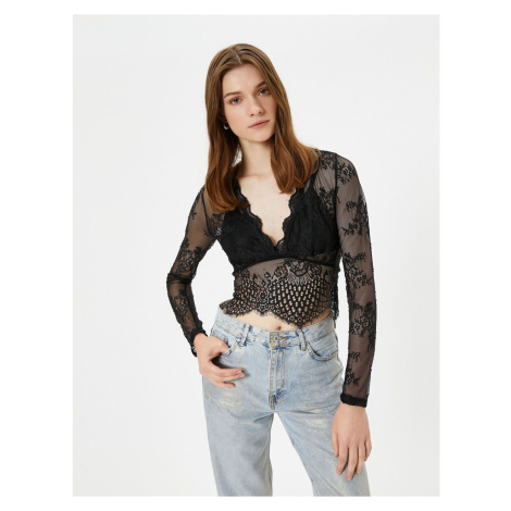 Koton Lace Blouse Sheer Crop V Neck