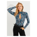 Cool & Sexy Women's Petrol Front Drop Snake Patterned Blouse