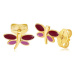 Náušnice zo žltého 14K zlata - vážka s bordovou a fialovou glazúrou na krídlach