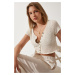 Happiness İstanbul Women's Cream Openwork Crop Knitwear Cardigan