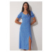 Happiness İstanbul Women's Blue Pleated Sweetheart Neck Summer Viscose Dress