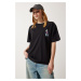 Happiness İstanbul Women's Black Crew Neck Embroidered Oversize Knitted T-Shirt