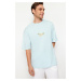 Trendyol Blue Oversize/Wide-Fit Short Sleeve Landscape Embroidery 100% Cotton T-Shirt