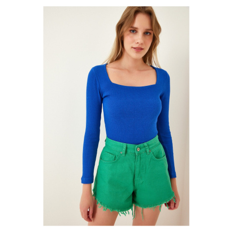 Happiness İstanbul Women's Vivid Blue Square Neck Ribbed Knitted Blouse