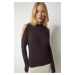 Happiness İstanbul Women's Dark Brown High Neck Decollete Knitwear Blouse