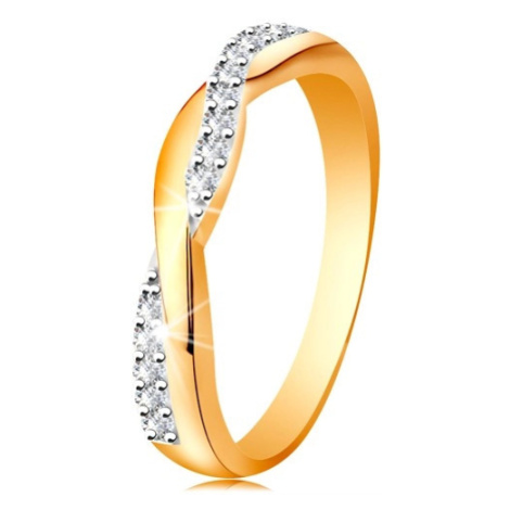 Lesklý prsteň zo 14K zlata - dve prepletené vlnky - hladká a zirkónová - Veľkosť: 54 mm
